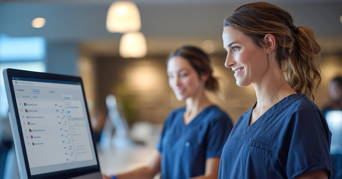 Veterinary front desk team calmly managing client communication with a single screen, not overwhelmed by ringing phones
