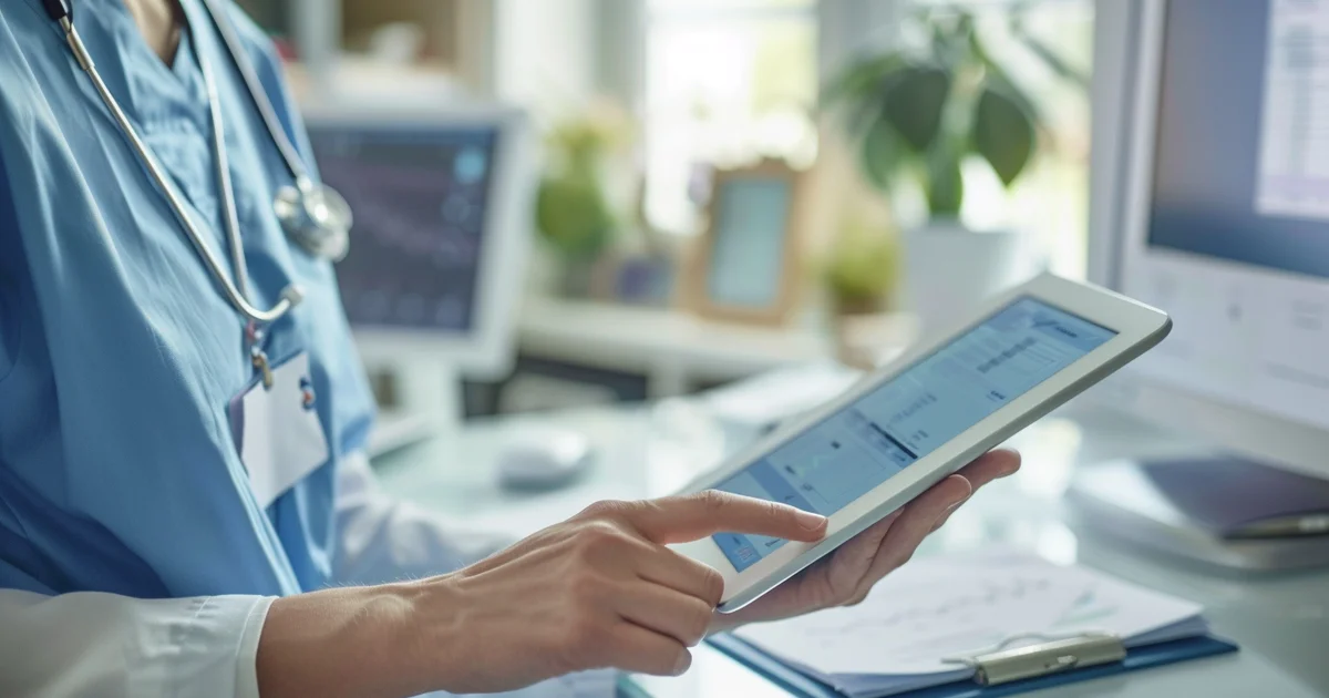Veterinarian reviewing client communication software demo with checklist of questions on tablet in modern veterinary clinic