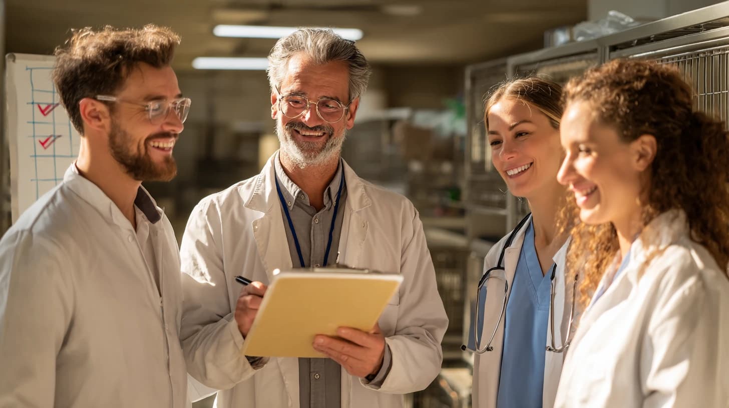 Veterinary morning huddle reviewing a software evaluation plan