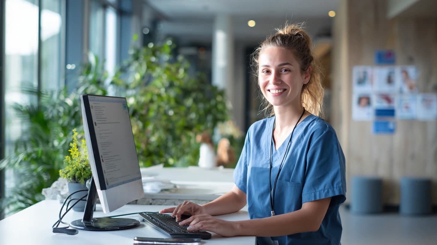 Veterinary receptionist using client communication software to send appointment reminders and respond to text messages at modern clinic front desk